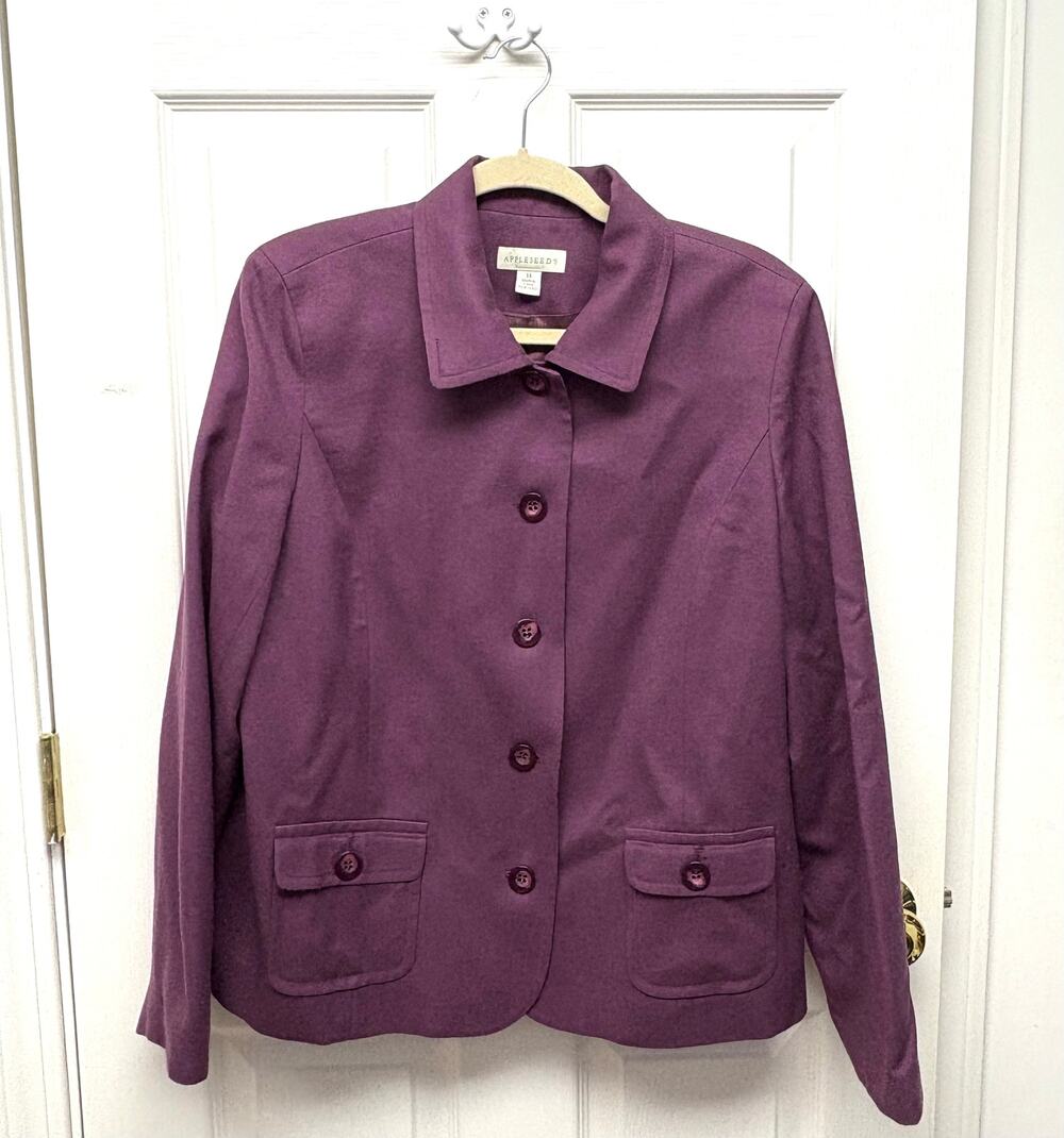 Appleseed's Purple 100% Wool Blazer, Lined, Front Flap Pockets, Women's Size 14